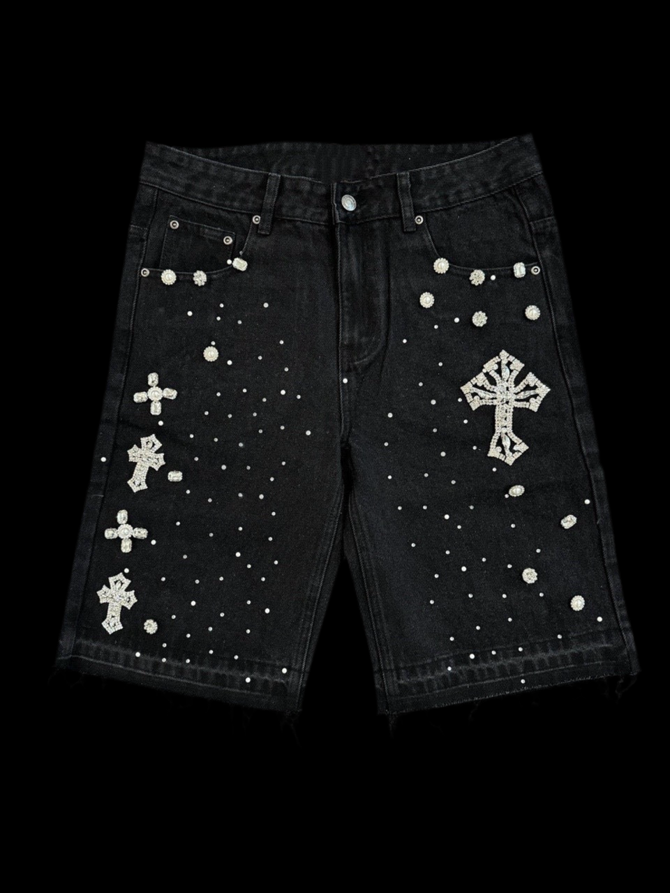 Diamond Cross Rhinestone Denim Shorts Five-Point