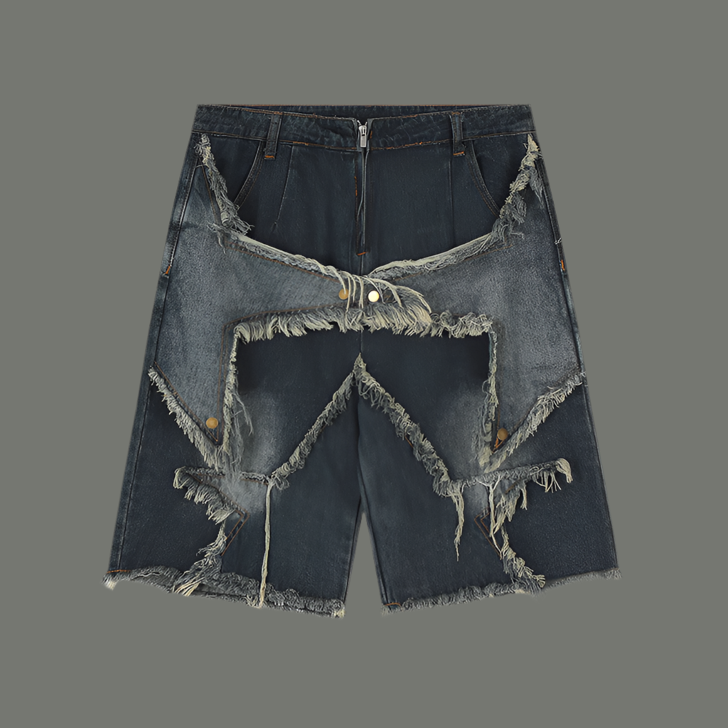 Five pointed star tassel patch denim shorts
