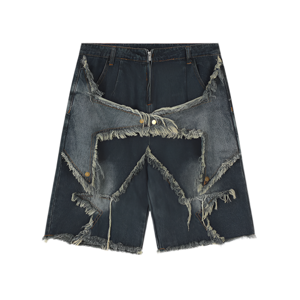 Five pointed star tassel patch denim shorts