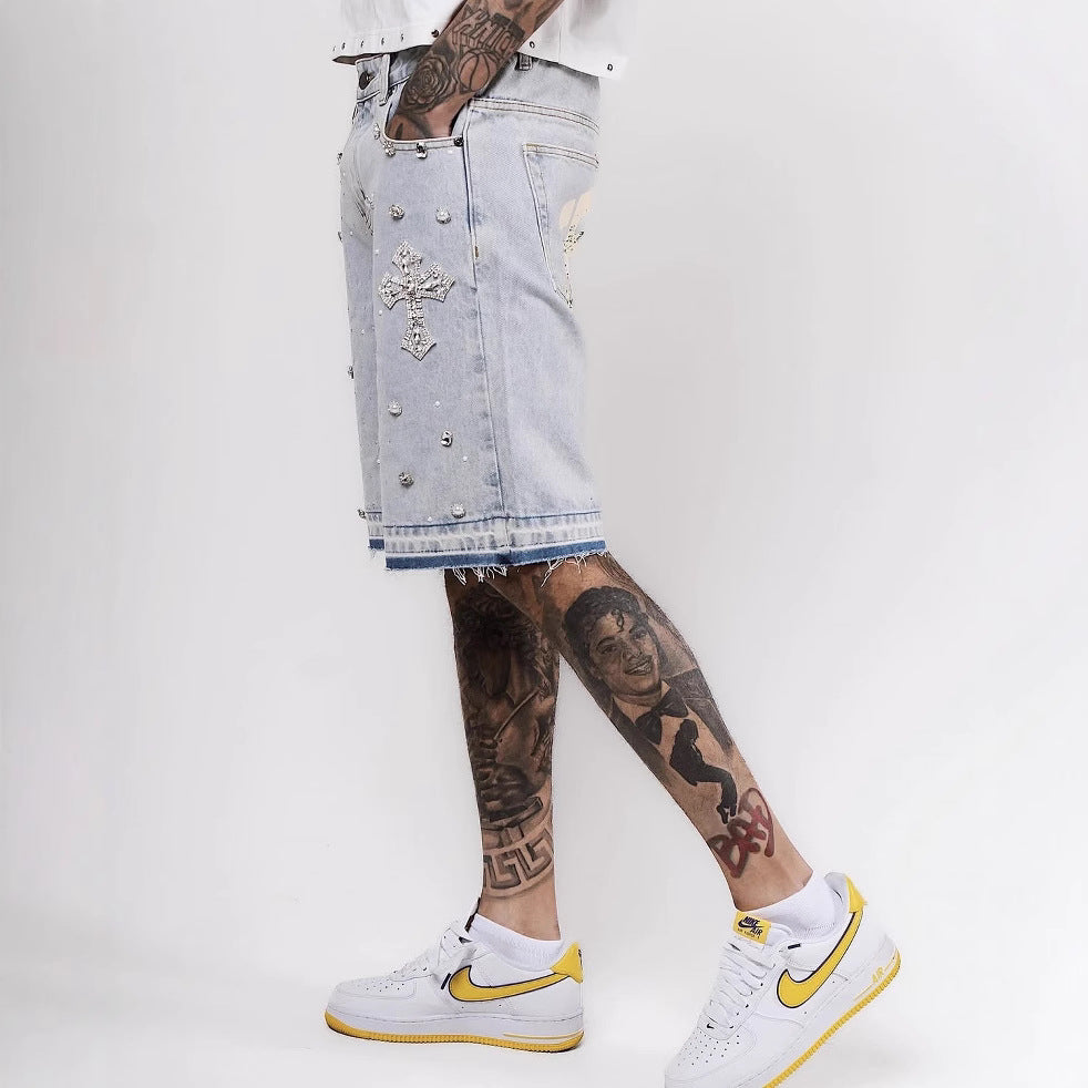 Diamond Cross Rhinestone Denim Shorts Five-Point