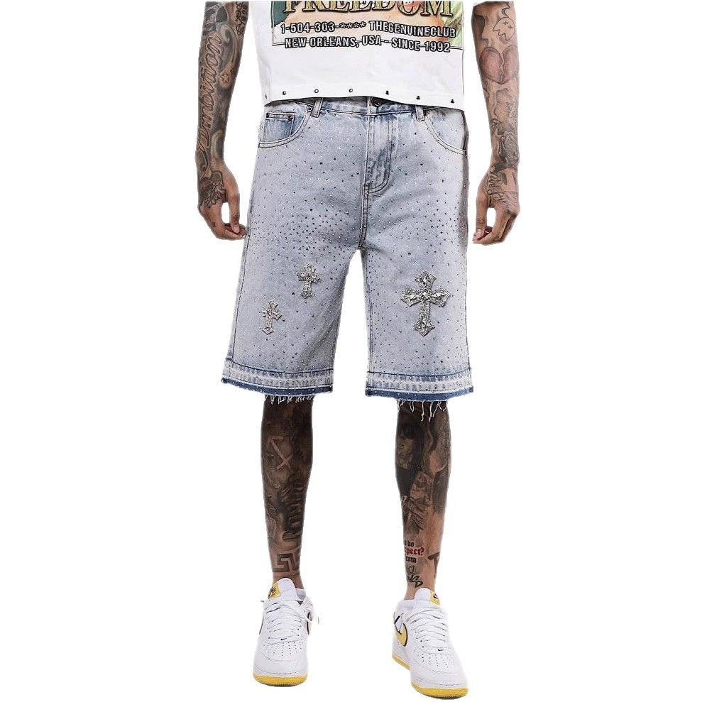 Diamond Cross Rhinestone Denim Shorts Five-Point