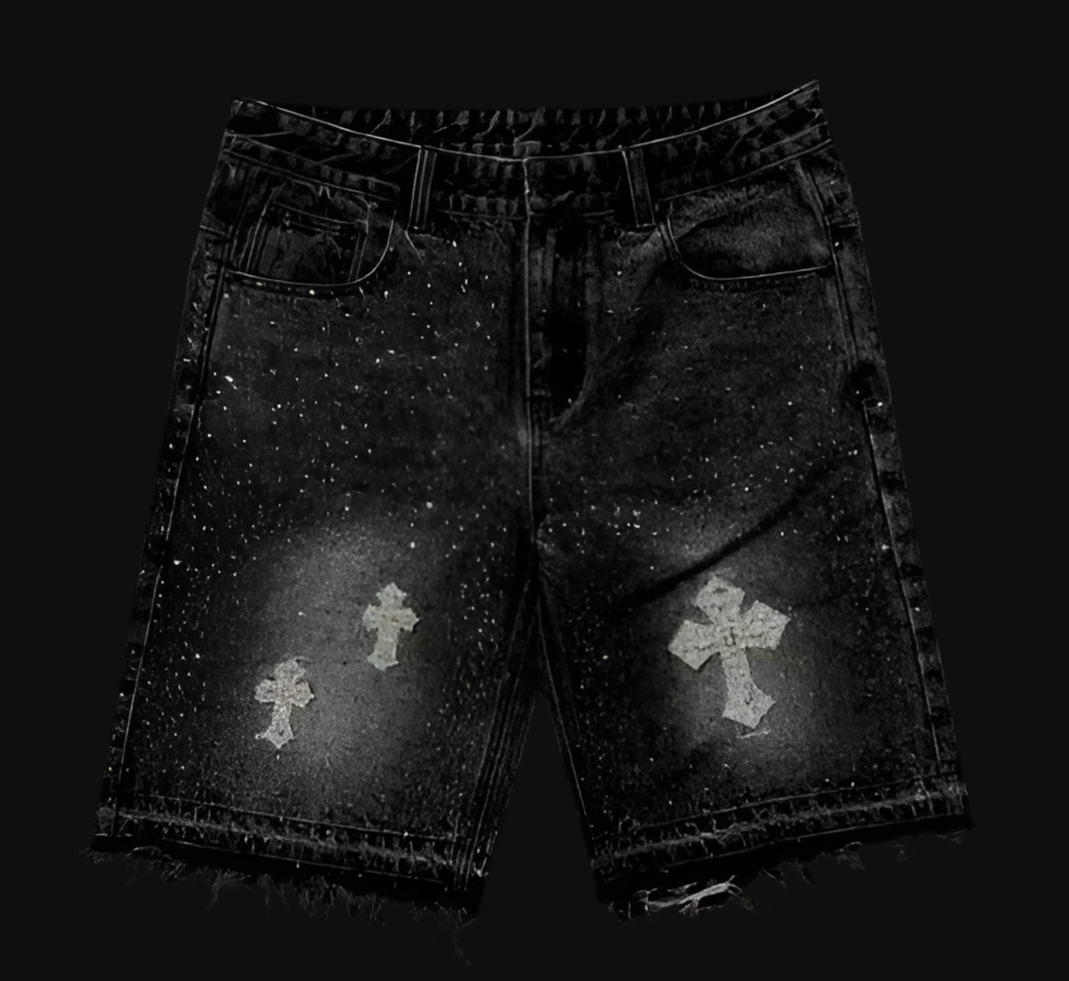Diamond Cross Rhinestone Denim Shorts Five-Point