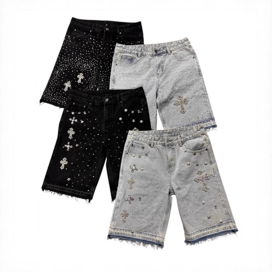 Diamond Cross Rhinestone Denim Shorts Five-Point