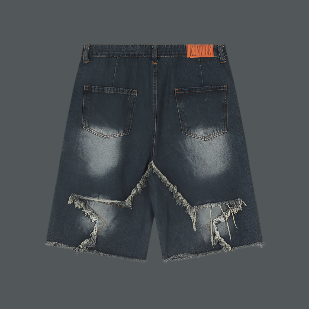 Five pointed star tassel patch denim shorts