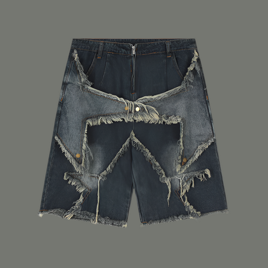 Five pointed star tassel patch denim shorts