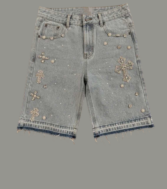 Diamond Cross Rhinestone Denim Shorts Five-Point